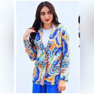 Blazer and pants 2 pieces- Vibrant Women's Blazer with Blue and Orange Pattern